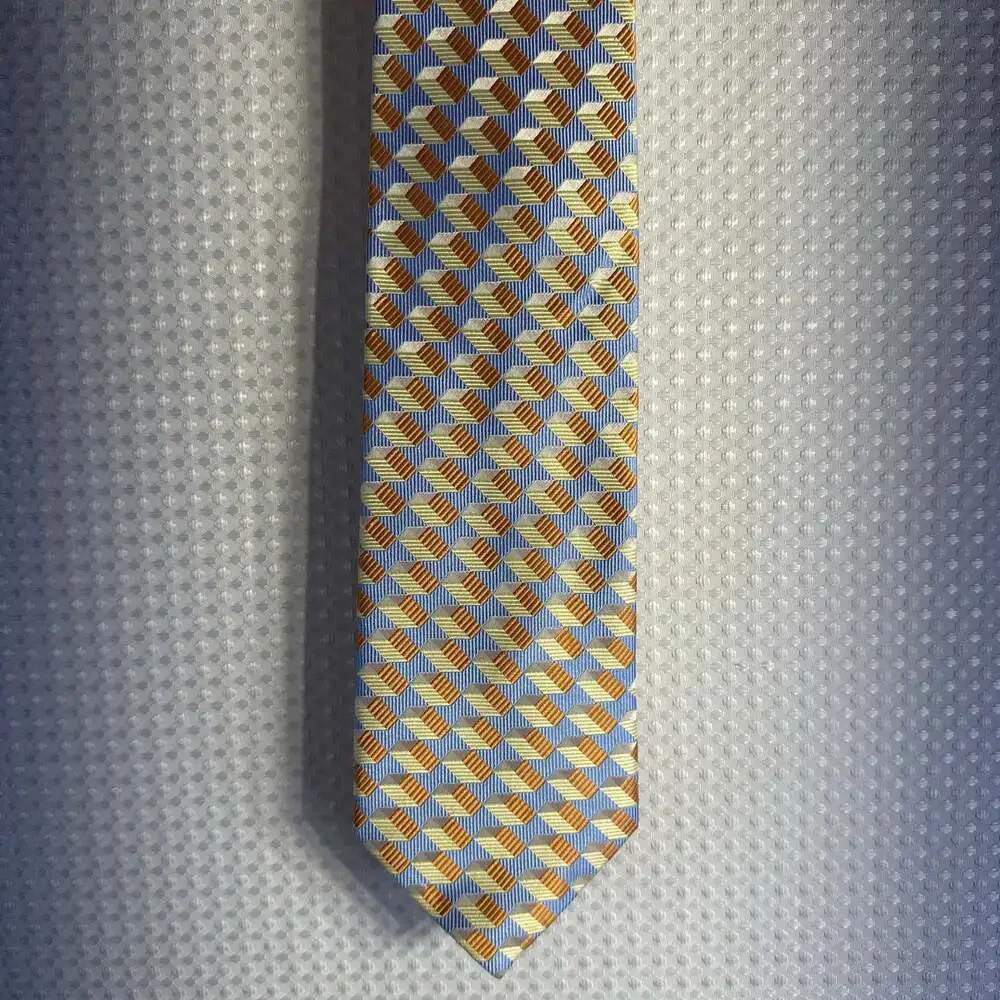 Bocara 100% Silk Handmade Geometric Squares Men's Necktie - Orange and Navy Blue